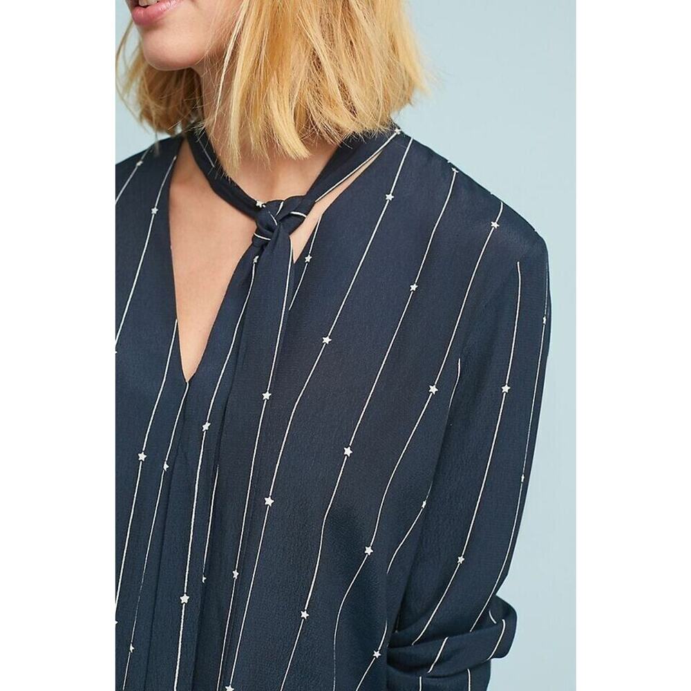 Rails Rhea Blouse Small Black Stars Stripes Neck Tie Long Sleeve